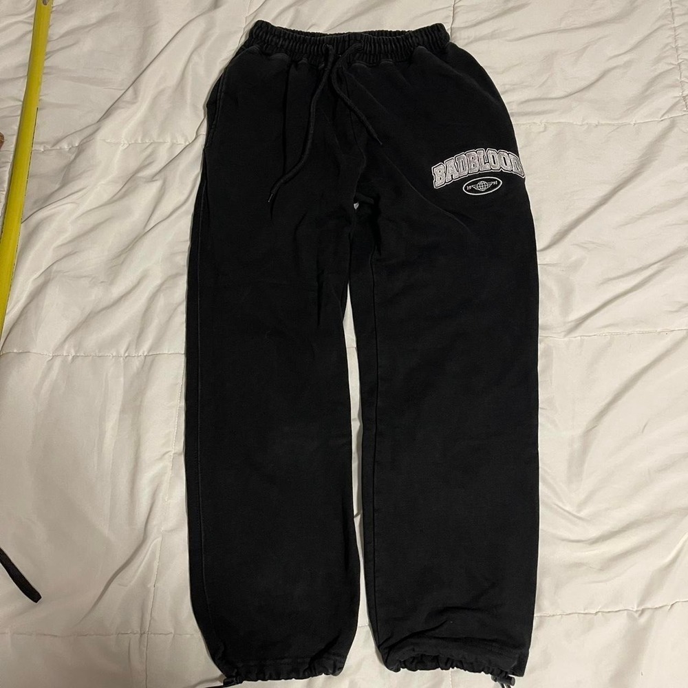 Badblood‎ black sweatpants with white 'BADBLOOD' logo, XS